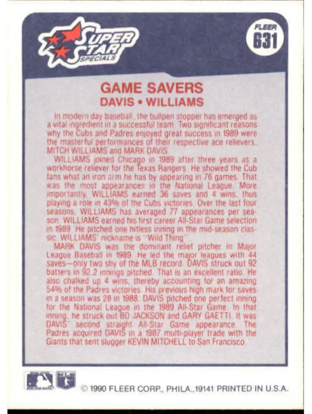1990 Mark Davis / Mitch Williams Fleer Baseball Card #631